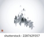 Misty mountain forest trees on white background. Traditional oriental ink painting sumi-e, u-sin, go-hua. Translation of hieroglyph - eternity.