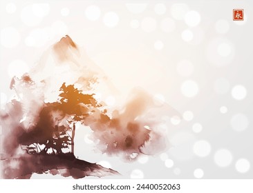 Misty mountain with forest trees. Traditional Japanese ink wash painting sumi-e on white shimmering background. Hieroglyph - eternity.