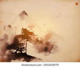 Misty mountain with forest trees. Traditional Japanese ink wash painting sumi-e on vintage background. Hieroglyph - clarity.
