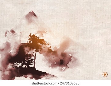 Misty mountain with forest trees. Traditional Japanese ink wash painting sumi-e on vintage background. Hieroglyph - happiness.