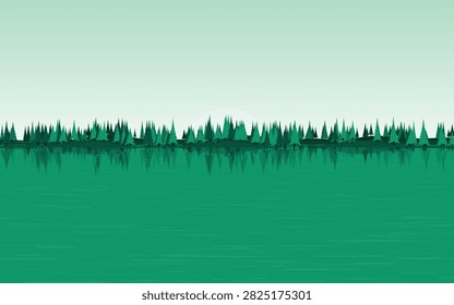 Misty Mountain Lake Vector Background with Pine Forest Silhouette and Water Reflection