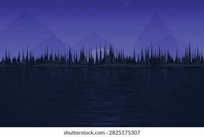 Misty Mountain Lake Vector Background with Pine Forest Silhouette and Water Reflection