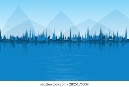 Misty Mountain Lake Vector Background with Pine Forest Silhouette and Water Reflection