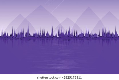 Misty Mountain Lake Vector Background with Pine Forest Silhouette and Water Reflection
