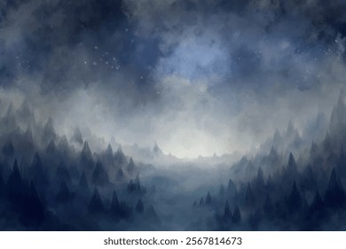 Misty mountain landscape, atmospheric fog, serene blue tones, dreamy scenery, digital painting style.