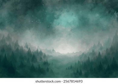 Misty mountain landscape, ethereal atmosphere, soft color gradients, serene nature scene, digital art background.