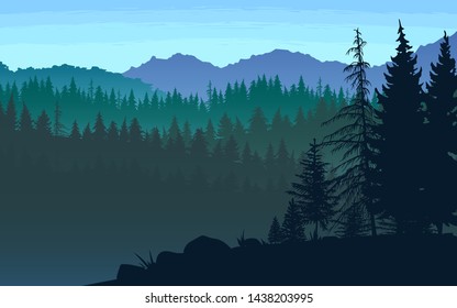 Misty mountain landscape with fir trees on the edge of a cliff