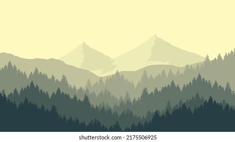 Misty mountain landscape and pine forest, mountain silhouette.