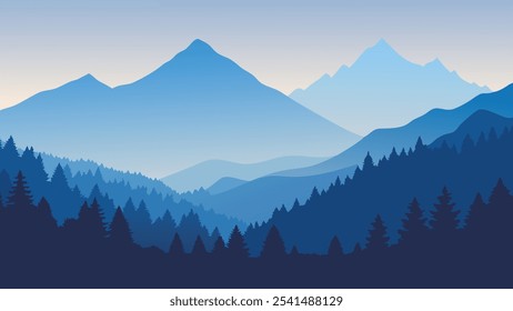 Cordillera brumosa envuelta en niebla, rodeada de árboles densos, evocando un ambiente tranquilo Ilustración vectorial llana