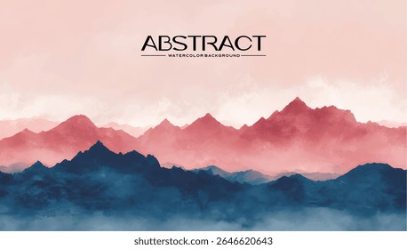 Misty mountain range illustration in shades of pink and blue.
