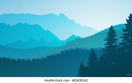 Misty Mountain Range Landscape with Trees