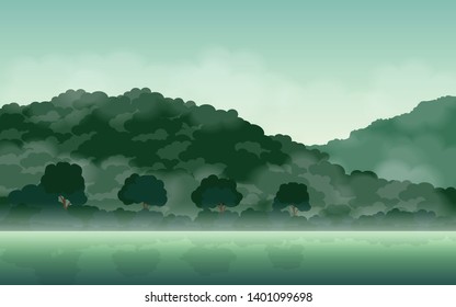 Misty mountain and river view. Green tones. Vector illustration.