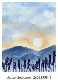 Misty Mountain Sunset Landscape with flower