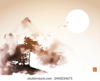 Misty mountain with trees in vintage style. Traditional Japanese ink wash painting sumi-e. Hieroglyph - eternity.