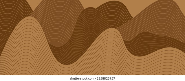 Misty mountains with gentle slopes and flock of birds in sunrise sky. 