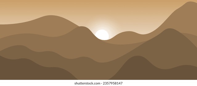 Montañas polvorientas con laderas suaves y manadas de pájaros en el cielo del amanecer. Pintura tradicional de tinta. vector
