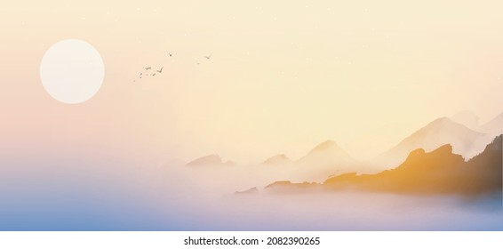Misty mountains on sunrise background. Traditional oriental ink painting sumi-e, u-sin, go-hua