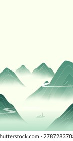 Misty mountains rise softly in cool green hues. Lone boat glides through calm, fog-draped waters below. Peaceful stillness blankets the valley's quiet embrace
