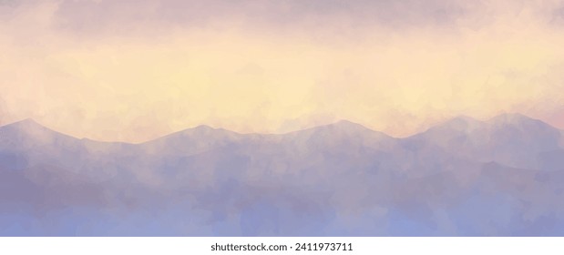 Nebelnde Berge und sonniger Himmel. Aquarell-Vektorlandschaft für Design-Innen, Flyer, Poster, Deckel, Banner. Moderne Hand zeichnet Aquarellmalerei.