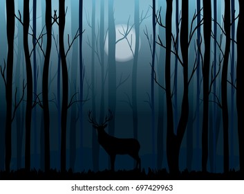 misty night in the  forest and deer silhouette in the woods
vector nature illustration