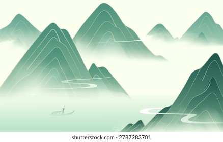 Misty peaks rise softly in layered greens. Lone figure paddles calmly through quiet waters. Whispering clouds veil distant mountain ridges. Stillness spreads across the serene landscape