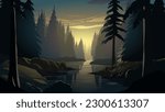 Misty pine forest landscape with river. Sunset in woodland