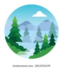 Misty pine forest with layered blue mountains and soft cloudy sky.