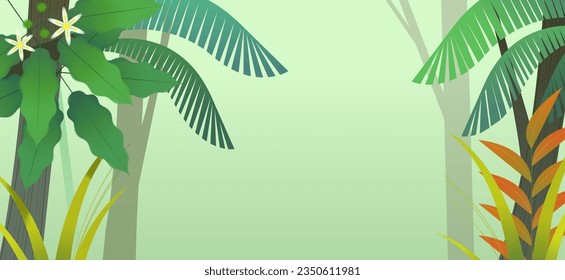 Misty rain forest with trees and tropical plants. Exotic jungle background and wallpaper design