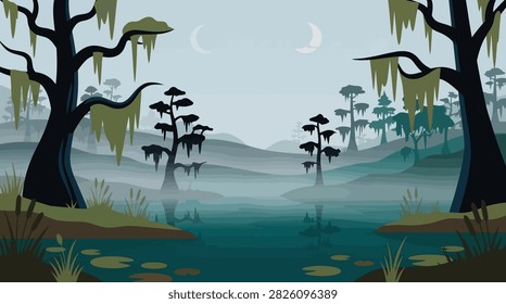 Misty swamp forest landscape with silhouetted trees at twilight, nature inspired