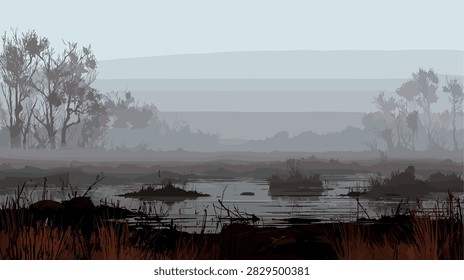 Misty Swamp Landscape with Bare Trees and Water Reflections