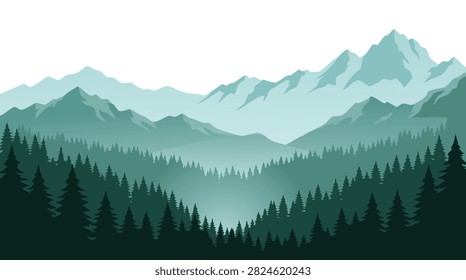 Misty Teal Mountain Range and Pine Forest Landscape Background