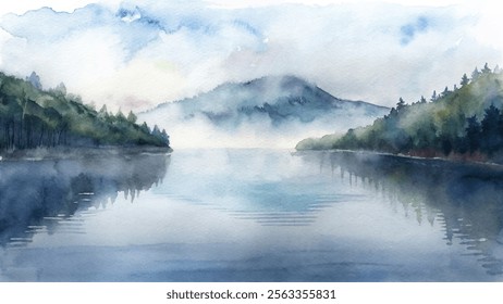 Misty watercolor landscape featuring a tranquil lake and lush greenery with distant mountains under soft clouds.