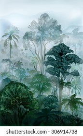 Bosque lluvioso húmedo brumoso. paisaje de Vector