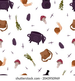 Mistyc seamless pattern with witchcraft design elements: mushroom,herbs, bag, bowler.