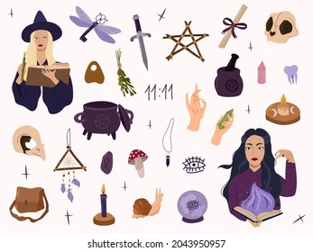 Mistyc witch collection with magic design elements,witchcraft crystal, skull, knife.