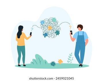 Misunderstanding barrier in online communication. Tiny people with miscommunication problem, woman and confused man listen speech and understand information in bad way cartoon vector illustration