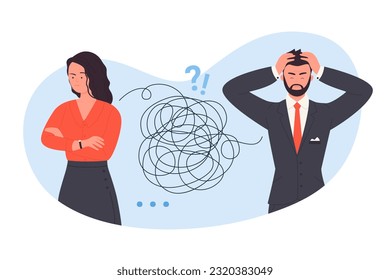 Misunderstanding between business partners vector illustration. Cartoon man and woman misunderstand messages and information, bad communication and disagreement, conflict of two people in dialog