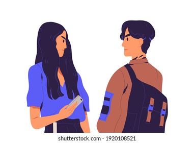 Misunderstanding Between People. Awkward Moment Of Unpleasant Occasional Meeting. Couple Of Man And Woman With Tense And Strained Faces. Colorful Flat Vector Illustration Isolated On White Background