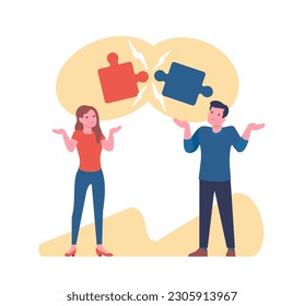 Misunderstanding between people. Man and woman can not understand each other. Puzzles disconnect. Communication disagreement. Unhappy persons quarrel. Partner conflict