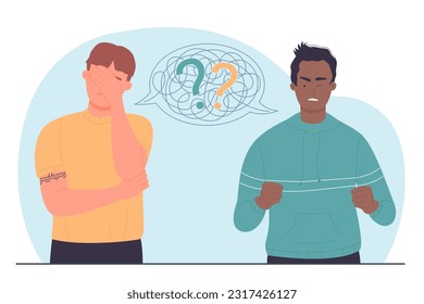 Misunderstanding between two people vector illustration. Cartoon angry mad man speaking arguments in dispute, quarrel of male characters and speech bubbles with tangled thread and question marks