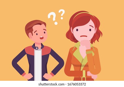 Misunderstanding, communication problem between man, woman. Couple feeling disagreement or quarrel, difference of opinion, failure to talk, marriage psychology. Vector flat style cartoon illustration