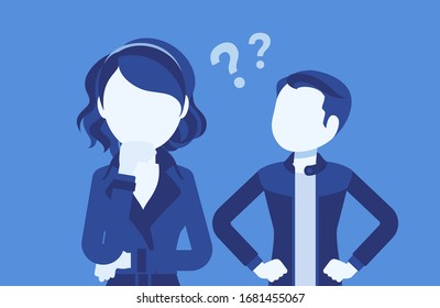 Misunderstanding, communication problem between man, woman. Couple feeling disagreement, quarrel, difference of opinion, failure to talk, marriage psychology. Vector illustration, faceless characters