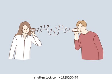 Misunderstanding, Communication Problems, Questions Concept. Man And Woman Couple Cartoon Characters Having Troubles In Communication Trying To Hear Each Other With Glasses And Wire Illustration