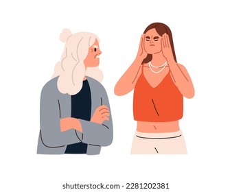 Misunderstanding, conflict between different generations. Senior mother shouting, criticizing young adult daughter. Woman ignores old mom. Flat graphic vector illustration isolated on white background