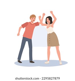 Misunderstanding, conflict, disagreement concept. Angry People shouting and fight. Flat vector cartoon illustration
