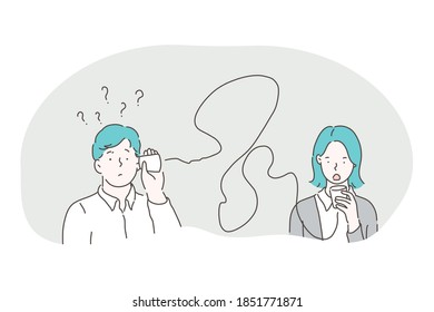 Misunderstanding, connection, communication problems concept. Young frustrated couple man and woman speaking and listening through glasses with wires and feeling misunderstanding between each other