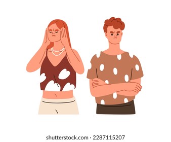 Malentendido en relación de pareja. Enfadados hombres y mujeres en conflicto, crisis, problema. Desacuerdo, concepto de descomunicación. Ilustración vectorial gráfica plana aislada en fondo blanco