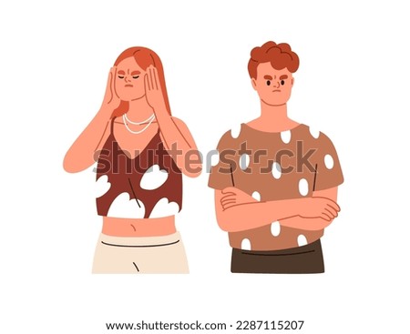 Misunderstanding in couple relationship. Angry upset woman and man in conflict, crisis, problem. Disagreement, miscommunication concept. Flat graphic vector illustration isolated on white background