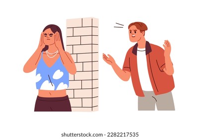 Misunderstanding in couple relationship. People quarrel, conflict. Toxic angry man shouting at woman. Psychology violation concept. Flat graphic vector illustration isolated on white background