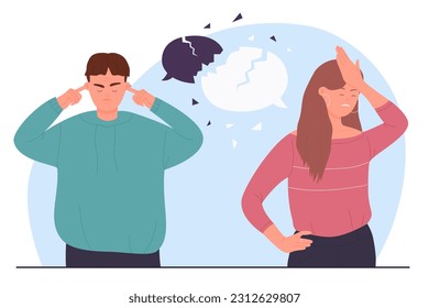 Misunderstanding in couple vector illustration. Cartoon angry man and woman misunderstand arguments, cracks in speech bubbles over spouses, relationship crisis and breakup of unhappy husband and wife